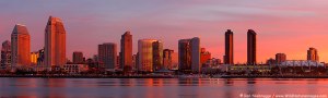 Panoramic of the San Diego skyline at surnrise, California.
