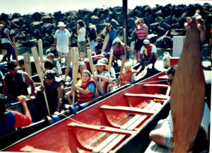 The author and her two daughters in the All Nations Canoe sometime in the 1990s