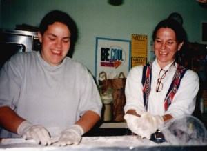 The author and her daughter making fry bread at a powwow, around the turn of the millennium.